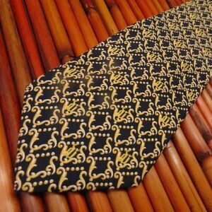 EUC VERSACE Blue & Yellow Spiral Leaves, Dots & Letters on Front 100% Silk Tie